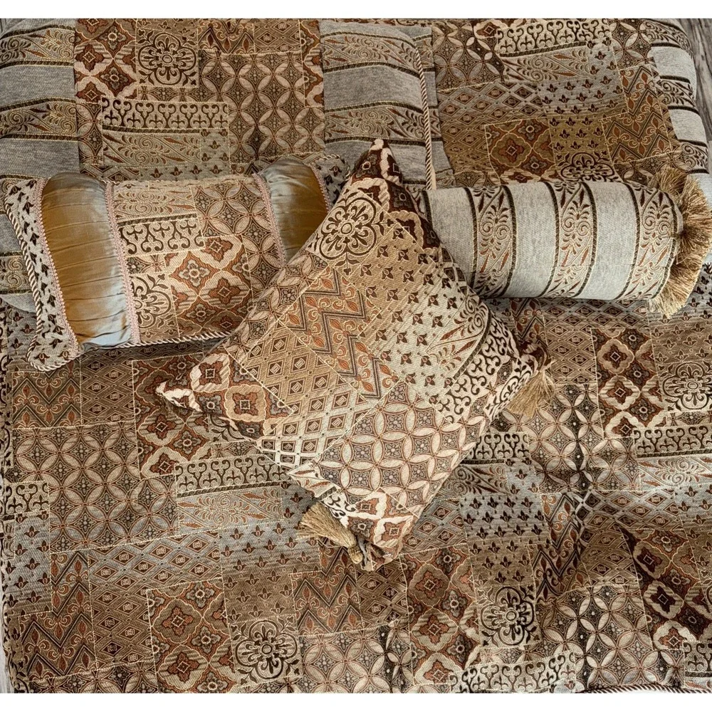 Vintage Brocade Fabric Bedspread Queen Shams Decorative Pillows Gold Tan Browns